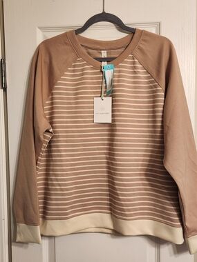 We Wander Striped Raglan Pullover in Taupe & Cream